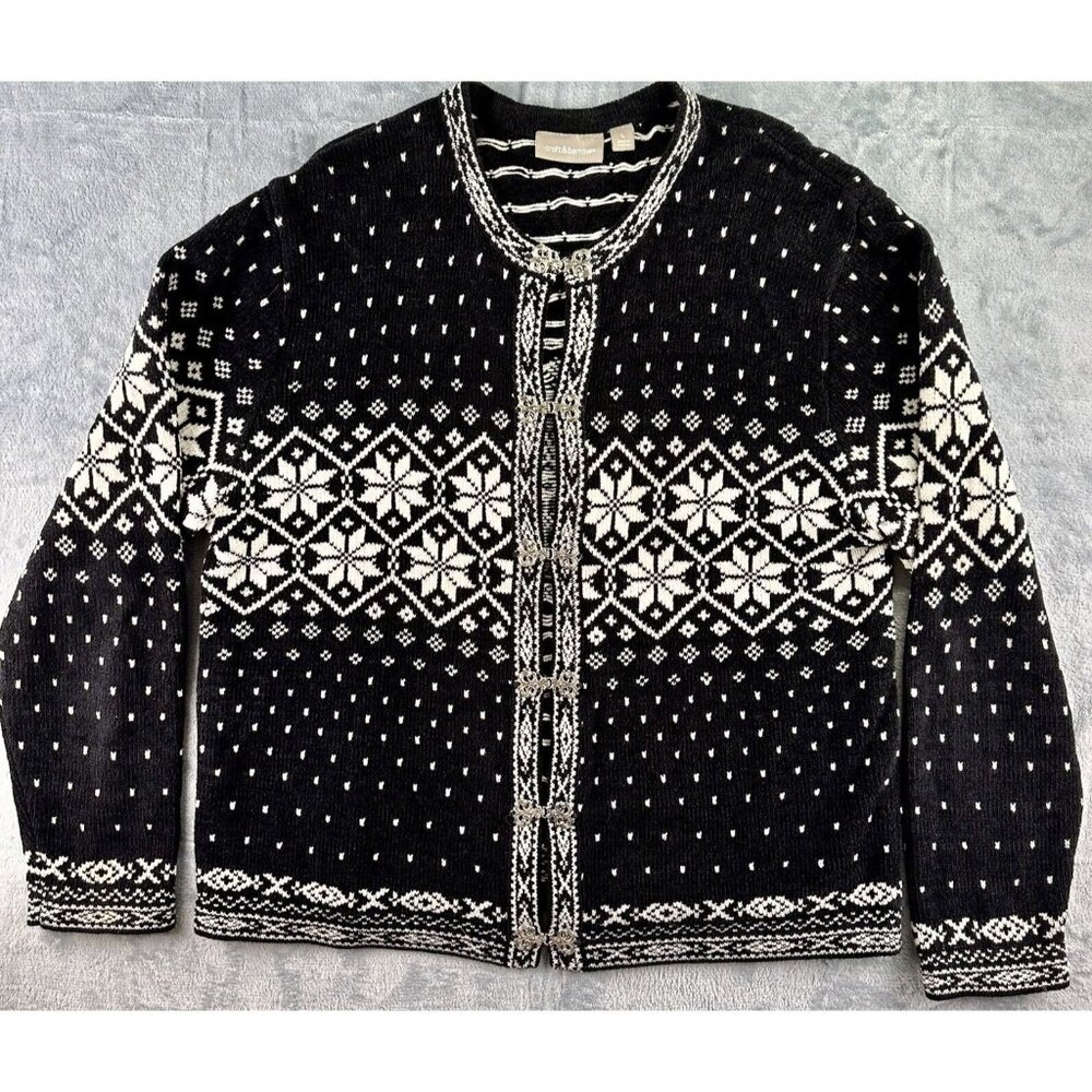 Croft & Barrow Fair Isle Sweater Nordic Large Black Silver Toned Metal Hooks VTG
